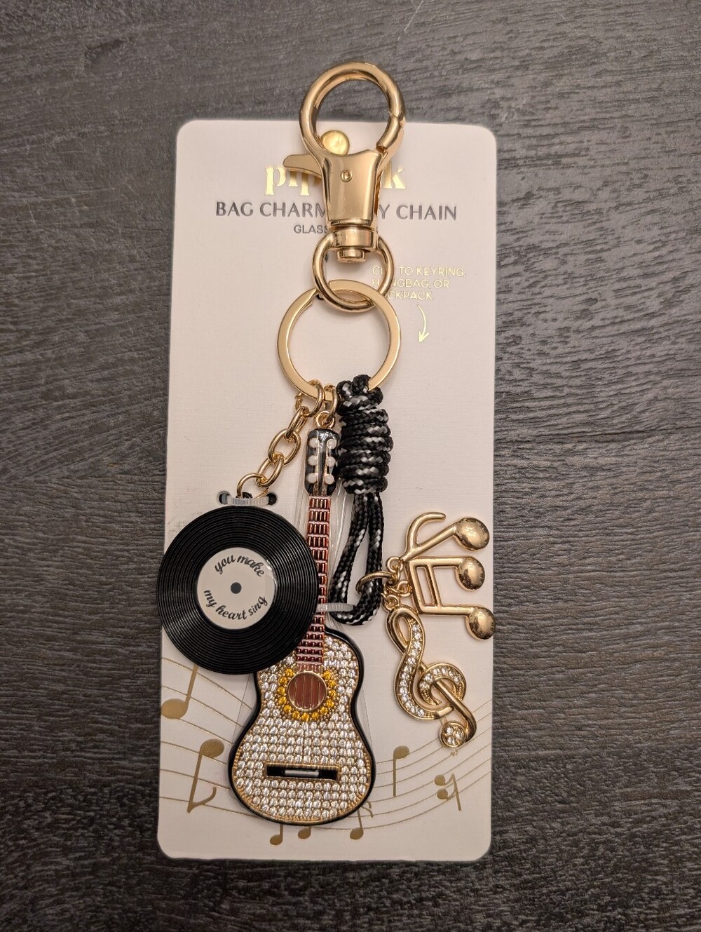 Guitar Themed Keychain & Bag Charm - You Make My Heart Sing Record, Music Notes